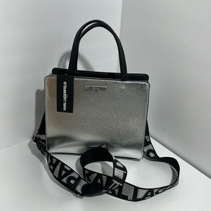 NWT Karl Lagerfeld Paris Maybelle Satchel Silver Black Crossbody Strap